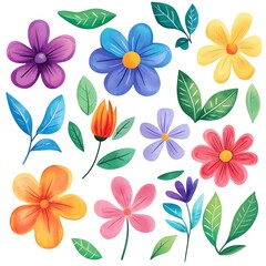 Obraz premium Watercolor spring flowers clipart, cute, colorful, white background, simple design, simple illustration,