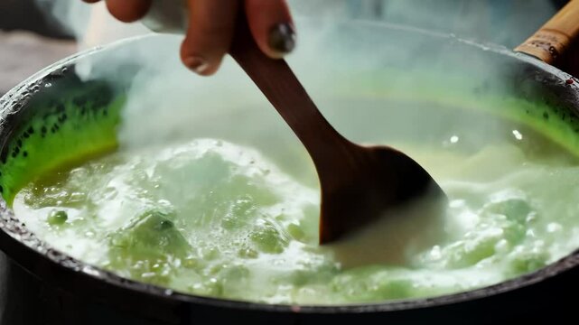 Halloween Witch&rsquo;s hand stirring a bubbling green potion in a cauldron, horrific, scary, spooky