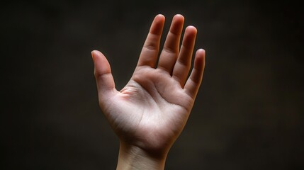 A raised hand against a dark background.