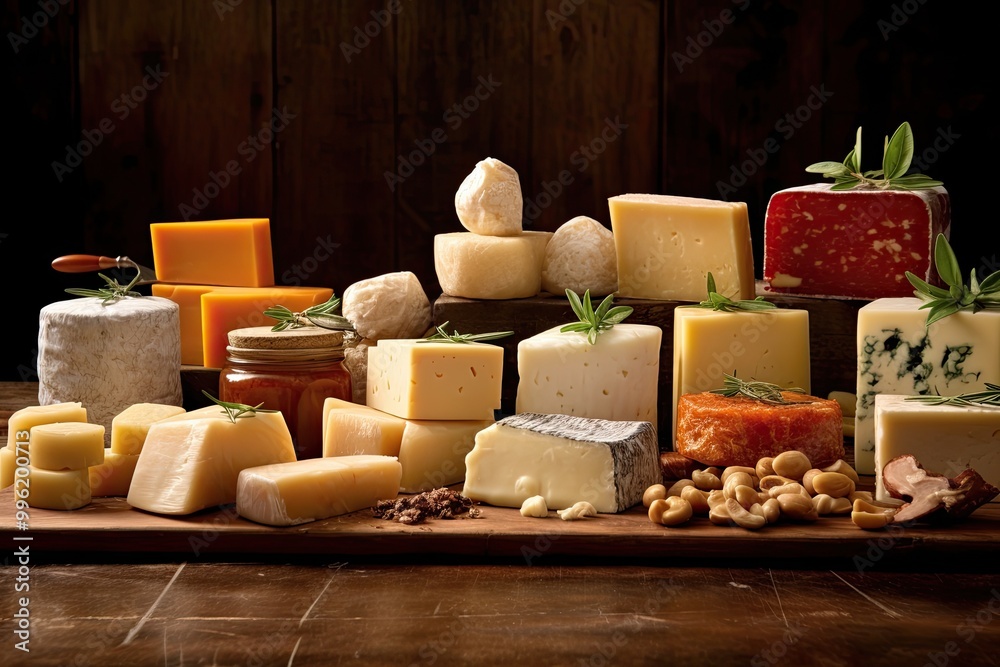 Poster a wooden cutting board displays an array of cheeses, from sharp cheddar to creamy brie, creating a m
