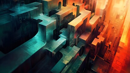 Muted gradient background with intricate tech layers creating depth
