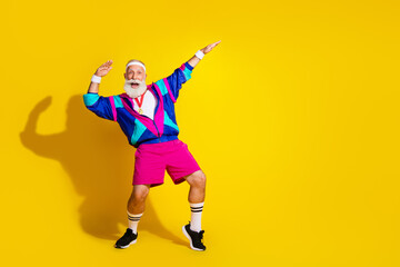 Full body photo banner of funny senior sportsman dance golden medal dressed stylish retro sport costume isolated on yellow color background