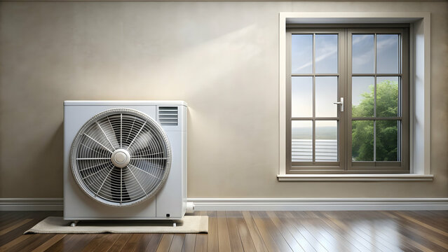 An air conditioner unit with a fan blowing cool air into a room, cooling, HVAC