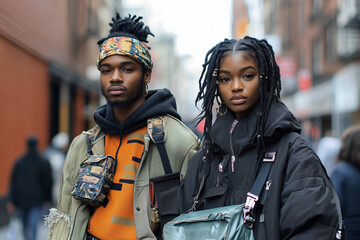 Fototapeta premium Urban fashionistas showcasing bold street style in a vibrant city setting during a busy afternoon