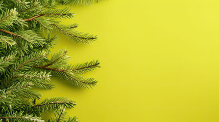 Snowy Christmas tree branches or snowy Christmas fir tree on a lime background