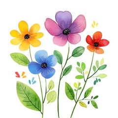 Obraz premium Watercolor spring flowers clipart, cute, colorful, white background, simple design, simple illustration,
