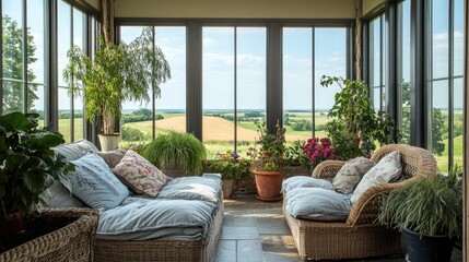 Charming farmhouse sunroom with wicker furniture