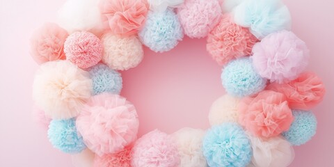 beautiful wreath made of tulle balls in pastel colors isolated on solid background