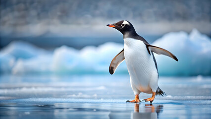 Obraz premium A detailed photo of an adorable penguin waddling on ice , penguin, cute, wildlife, animal, Antarctica, flightless bird