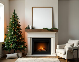 Fototapeta premium A cozy living room with a fireplace, a Christmas tree, and a blank white frame on the mantel