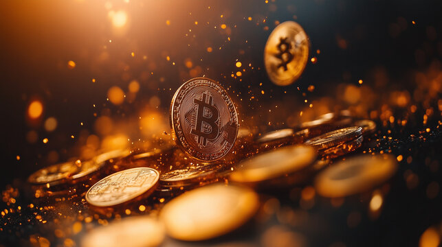 A close-up of shiny coins and a fingerprint in a sparkling environment, suggesting themes of cryptocurrency and security.