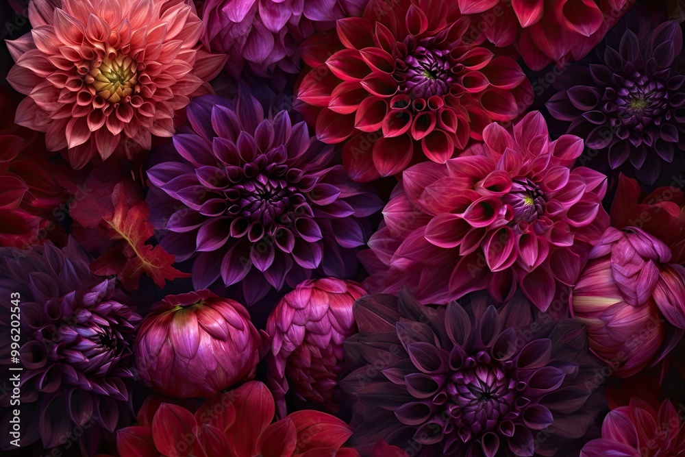 Poster the stunning display features a variety of dahlias in shades of red and purple, showcasing intricate