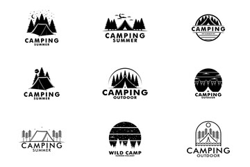 Fototapeta premium Set of camp logo design vector, Summer camp on black color, camp forest logo icon