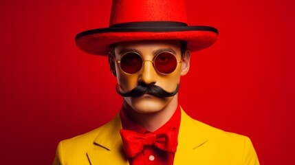 Funny man with mustache and bright clothes on red background. Neural network ai generated art