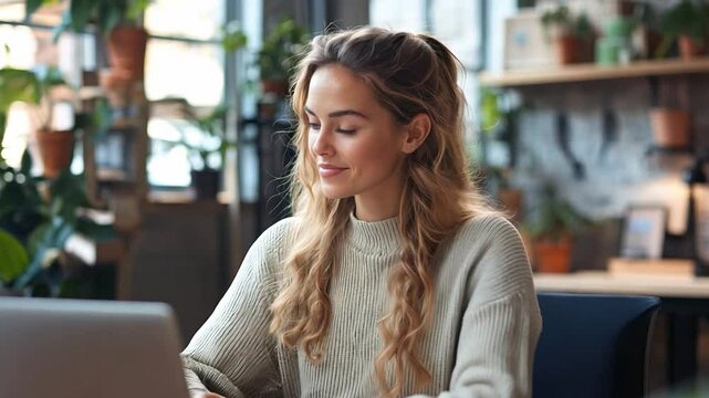 A social entrepreneur using digital platforms to promote fair trade products, working in a minimalist, tech-driven workspace.