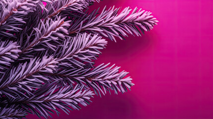 Snowy Christmas tree branches or snowy Christmas fir tree on a magenta background