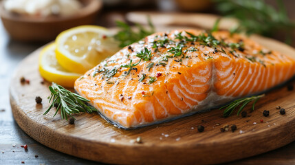 A beautifully cooked salmon fillet garnished with herbs, surrounded by lemon slices on a wooden cutting board.