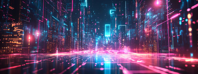 Obraz premium Futuristic business concept, innovation, technology, neon lights, abstract shapes, digital art 