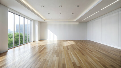 Fototapeta premium Empty white room with a wooden floor and minimalist design , white, room, wooden, floor, minimalist, empty, wall, interior
