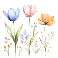 Obraz premium Watercolor spring flowers clipart, cute, simple, and clean, 