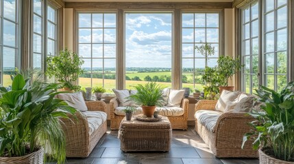 Charming farmhouse sunroom with wicker furniture