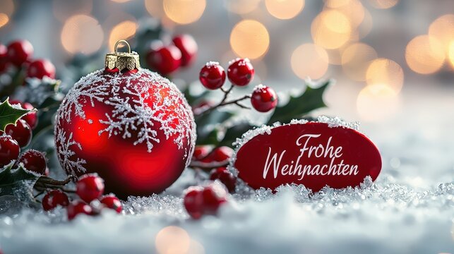 A vibrant red ornament adorned with snowflakes sits amid sparkling snow and festive berries, capturing the joyous spirit of Christmas