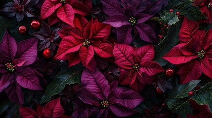 A collection of striking red and purple poinsettias intermingled with dark green leaves and shiny berries, conveying a rich and festive holiday spirit during winter