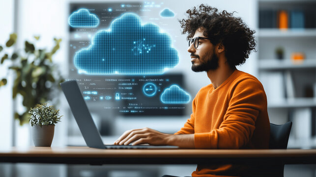 A man in an orange sweater works on a laptop, surrounded by digital cloud graphics and data visualization in a modern office setting.