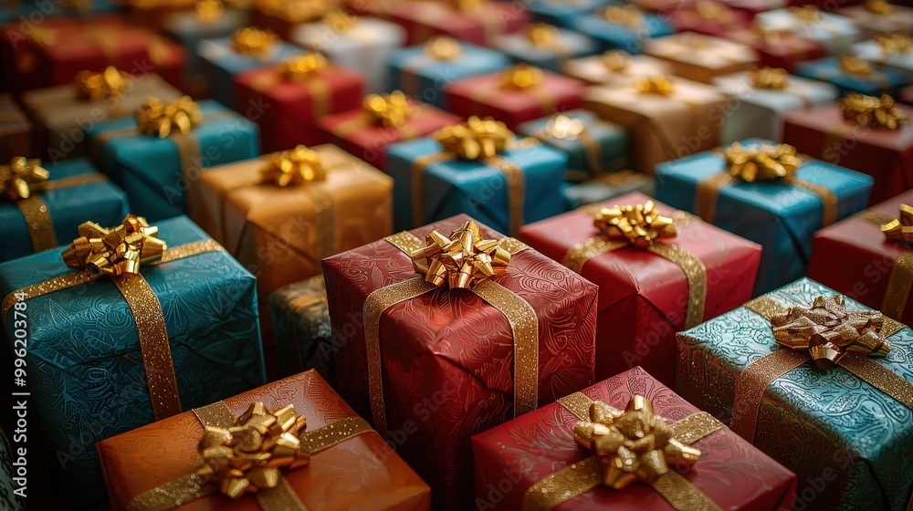 Poster numerous holiday presents in vibrant wrappers adorned with shiny bows are displayed together, creati