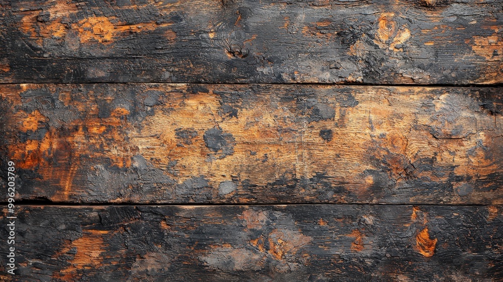 Aufkleber The surface features a blend of dark and warm tones, highlighting the texture and character of aged wood. Unique patterns reveal a history of impact and usage over time