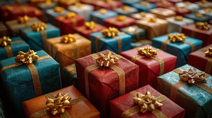 Numerous holiday presents in vibrant wrappers adorned with shiny bows are displayed together, creating a festive atmosphere perfect for celebrations and gift-giving