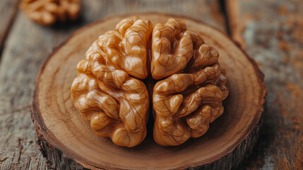 Fototapeta premium A close-up of a walnut, showcasing its intricate shell texture, placed on a wooden surface.