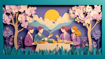 A colorful paper craft scene depicting four friends enjoying a meal outdoors under a sunny sky, surrounded by blooming trees and mountains.