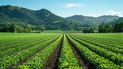 Rows of vibrant green crops fill the foreground under a bright blue sky. The rolling hills in the background complete the picturesque California landscape during late spring