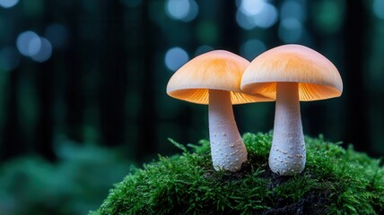 Two glowing mushrooms sit atop vibrant moss in a serene forest, surrounded by soft, blurred greenery, creating a peaceful, enchanting atmosphere.