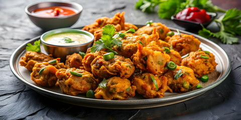 Delicious assortment of freshly made pakoras served on a platter , pakora, Pakistani, comfort food, deep fried, crispy