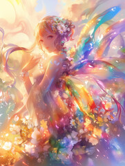 Obraz premium Charming fairy with shimmering wings amidst a floral paradise and vivid rainbows, casting a sparkling glow over the magical scenery,