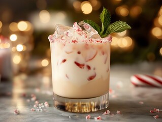 Peppermint White Russian with crushed candy cane rim and mint leaves, served in a short glass with ice cubes 