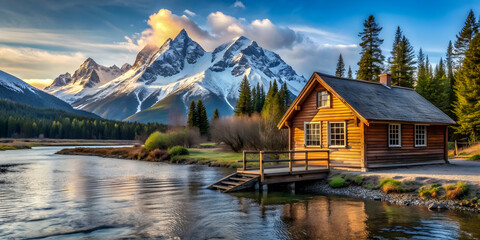 Fototapeta premium Wooden cabin nestled by riverside with snow-capped mountain peak in background , cabin, wooden, riverside, snow peak, mountain