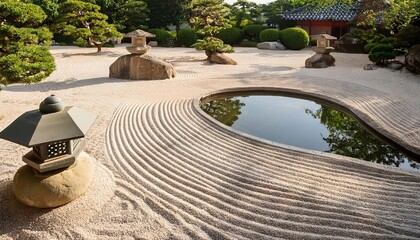 Obraz premium Peaceful Zen Garden with Raked Sand, Stone Lanterns, and Tranquil Water Features 