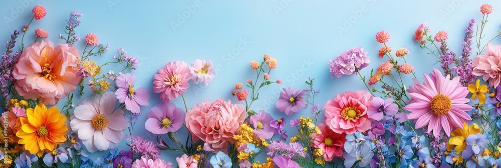 Poster a striking display of various blooming flowers fills the bottom of the frame, set against a soft blu