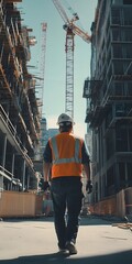 Photo of a construction worker wearing an orange vest and helmet, walking towards the camera