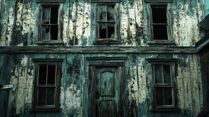 Weathered wooden facade of an abandoned house with broken windows and a closed door