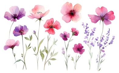 Naklejka premium Watercolor wild flower clipart, pink and purple flowers on a white background, in different angles and poses. 