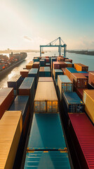 Busy Seaport Scene with Efficient Container Shipping Operations  