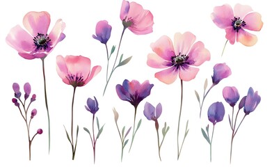 Watercolor wild flower clipart, pink and purple flowers on a white background, in different angles and poses. 