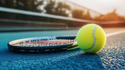 Tennis ball and racket lying on a blue court at sunset