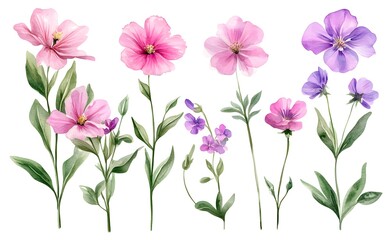 Watercolor wild flower clipart, pink and purple flowers on a white background, in different angles and poses. 