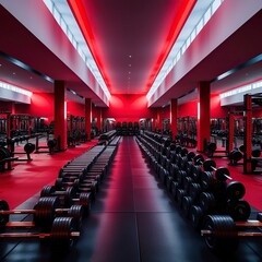 photography of an empty modern gym interior full of weights