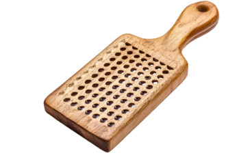 a wooden paddle with holes. 